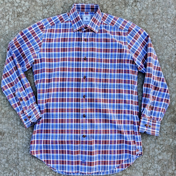 David Donahue Men’s M Shirt Blue Orange Plaid Long Sleeve Button Up 100% Cotton - Picture 10 of 11